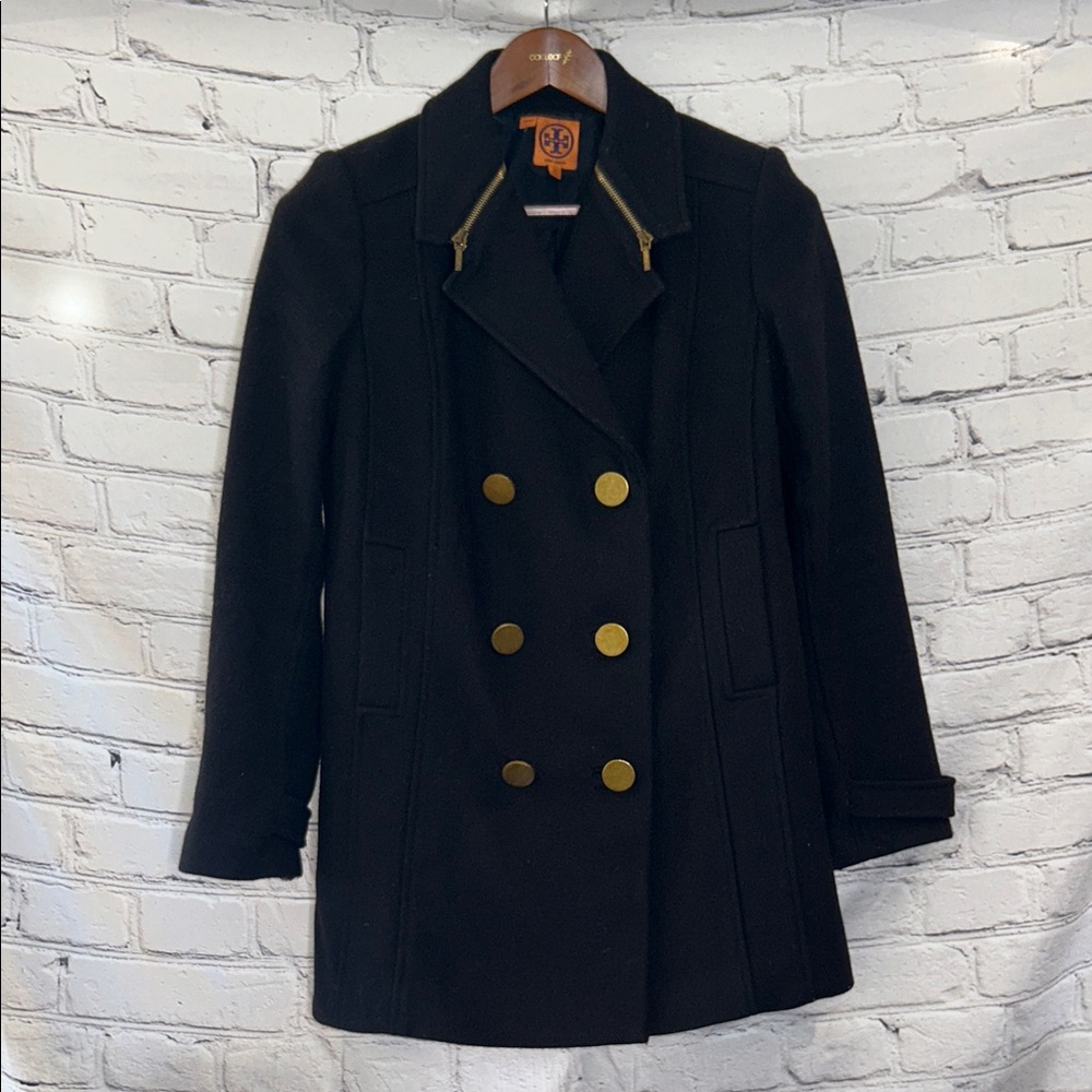 Tory Burch Black Gold Button Double Breasted Wool Coat Jacket Size 8